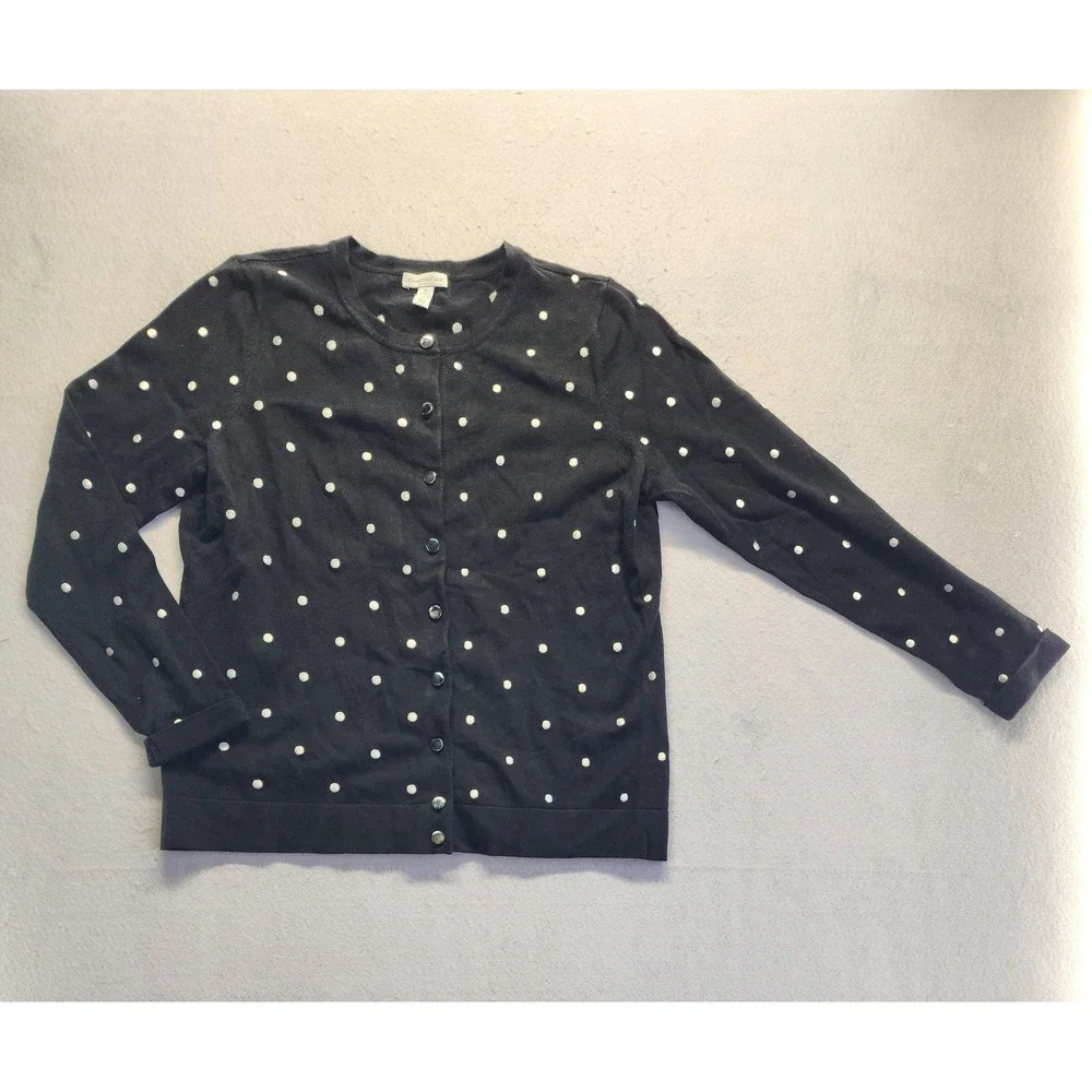 Charter‎ Club Womens XL Navy Blue Black Polka Dot Button Front Cardigan Sweater